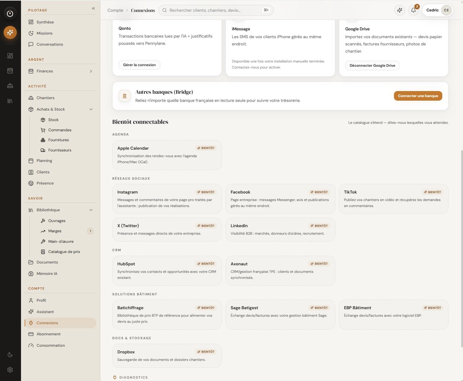 Catalogue de connexions dans Ouvrely
