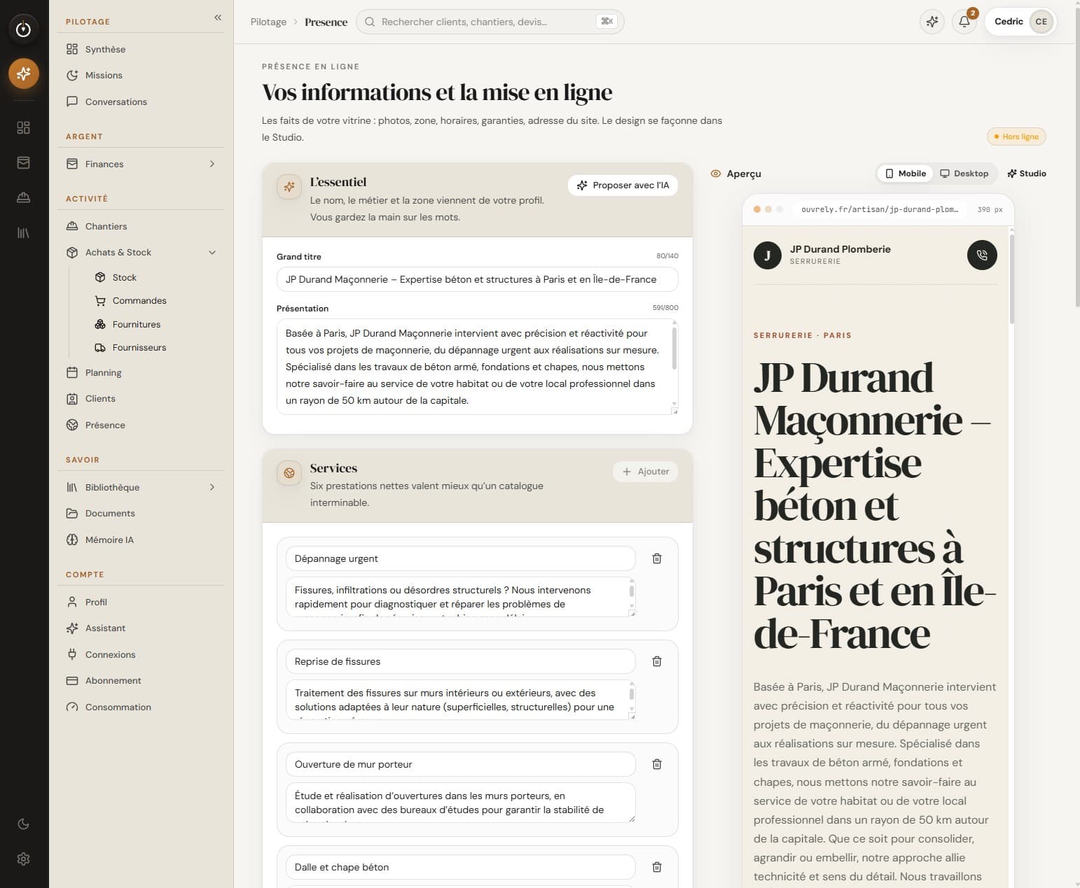 Préparation de la présence en ligne dans Ouvrely