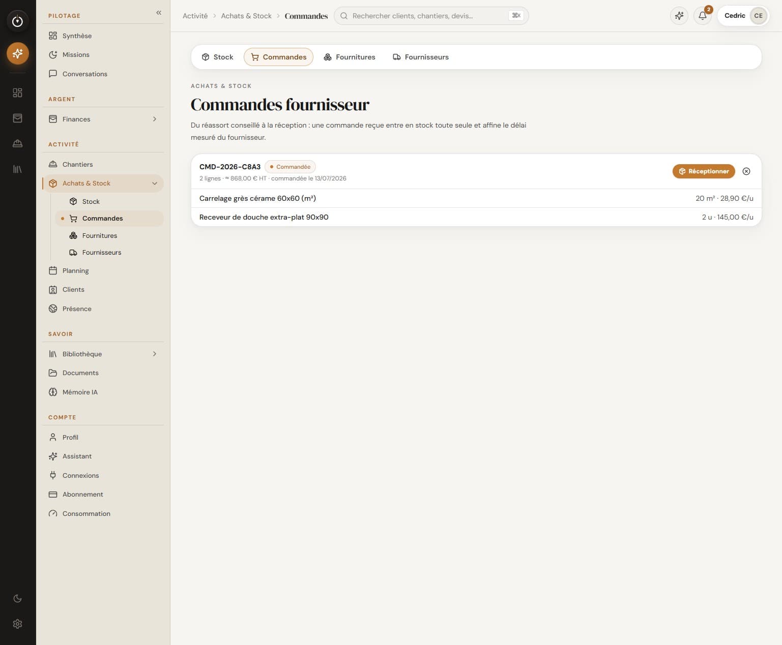 Suivi des commandes dans Ouvrely