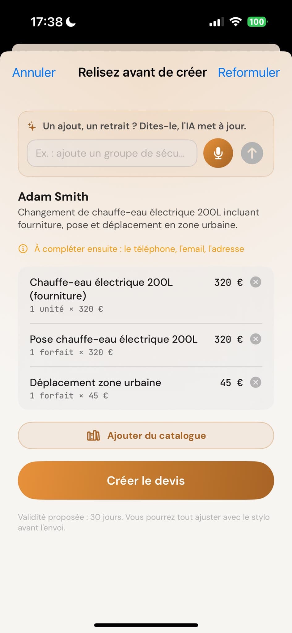 Devis IA chiffré prêt à relire