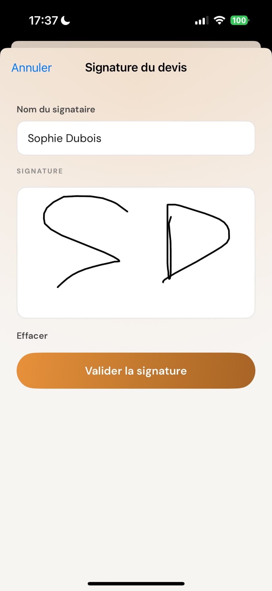 Signature électronique du devis au doigt
