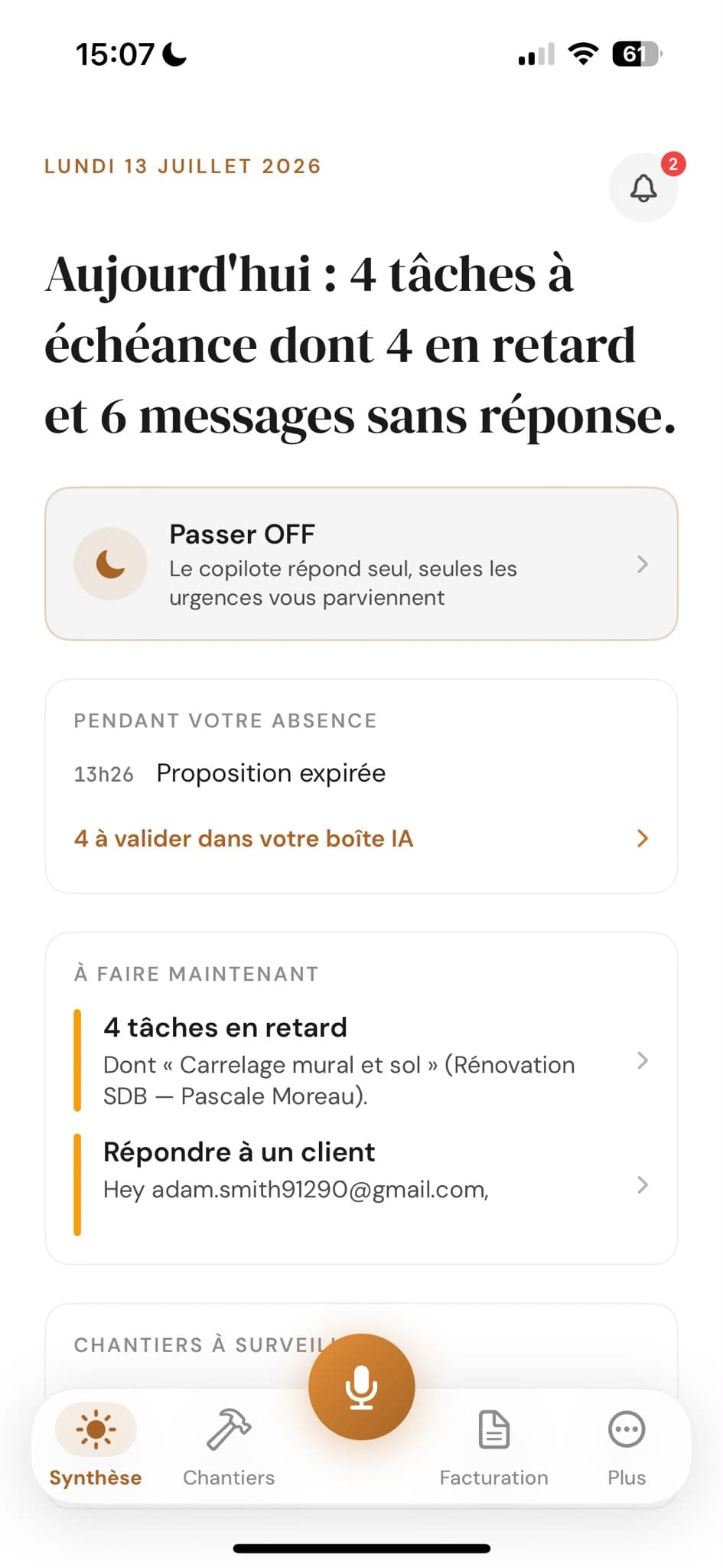 Tableau de bord mobile