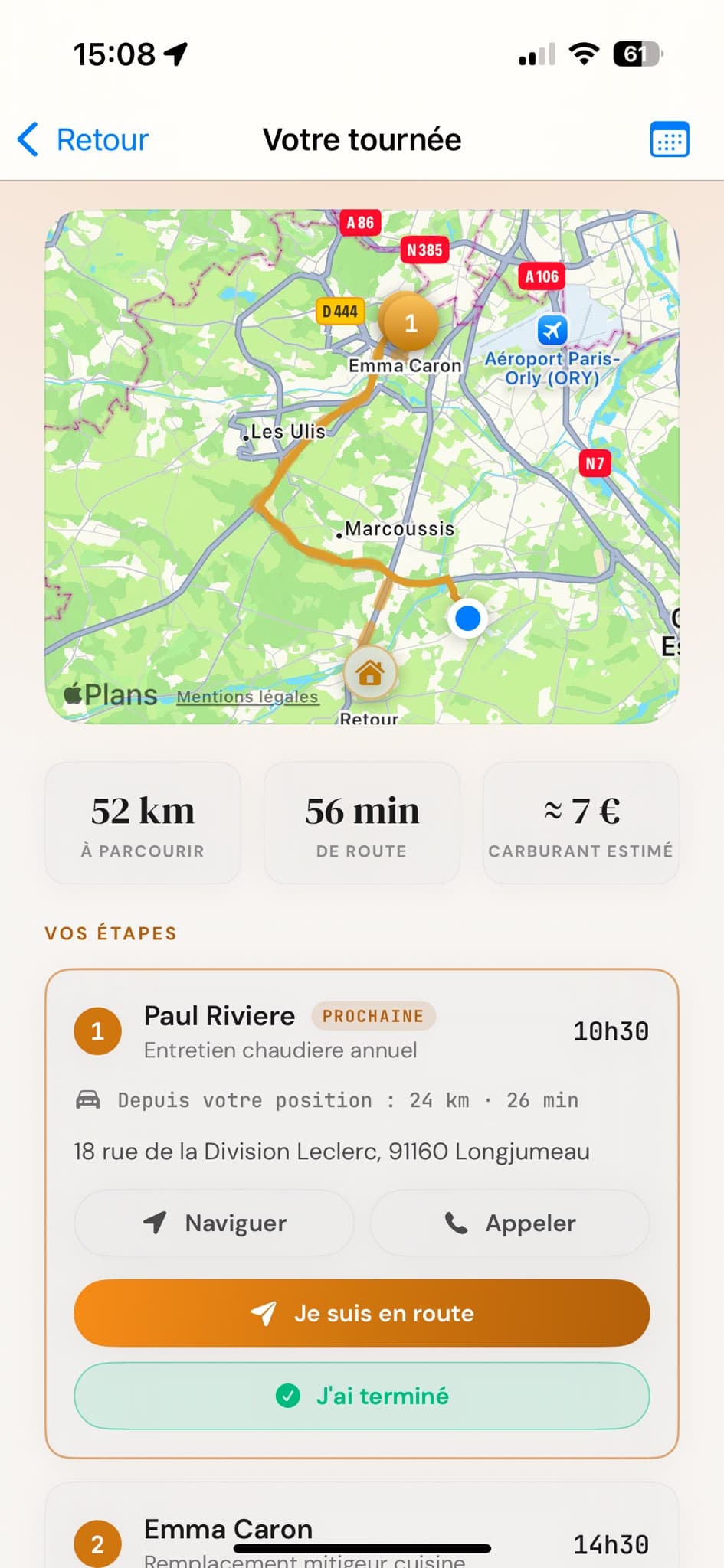 Tournée du jour avec coûts de trajet