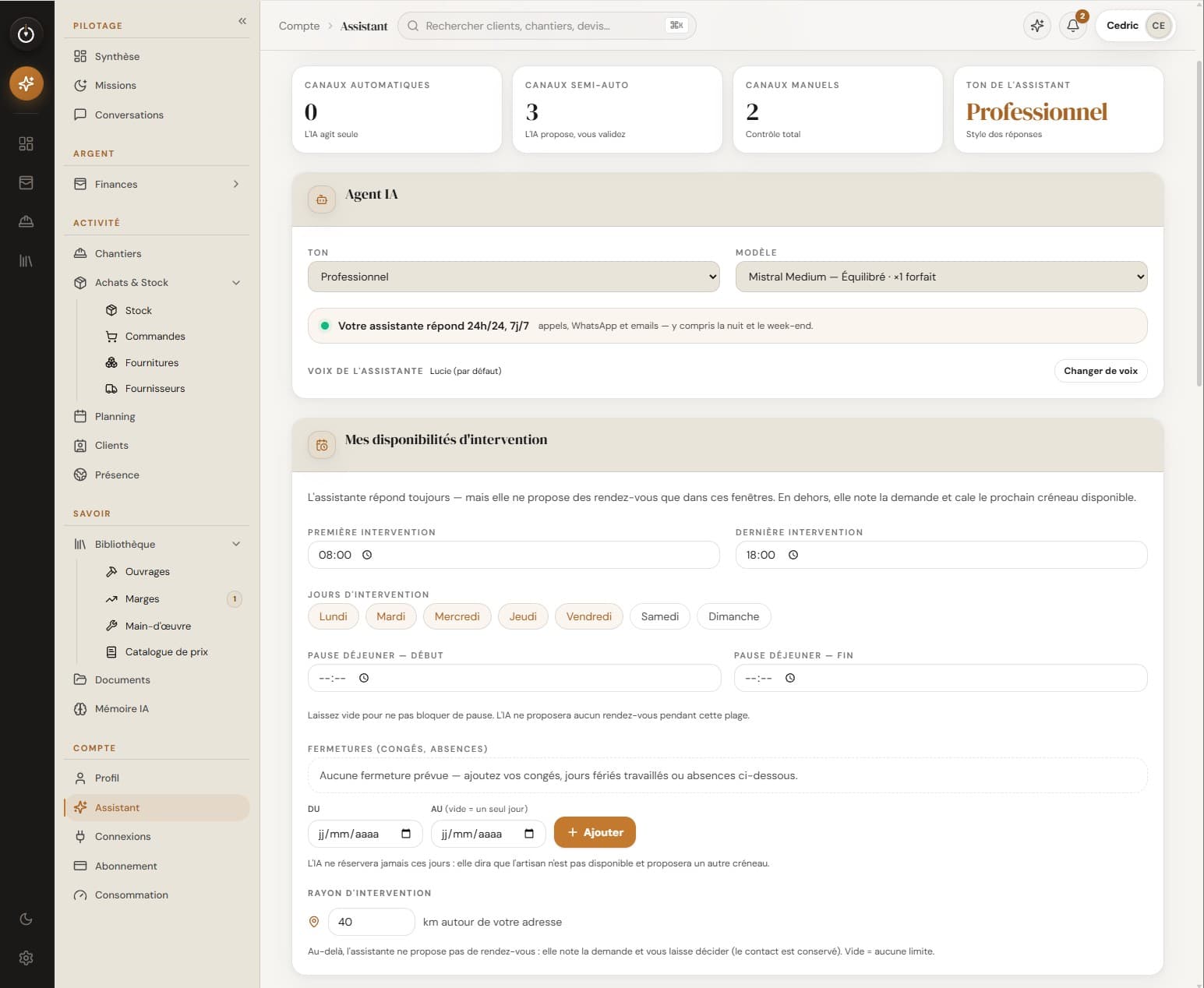 Configuration de l'assistante IA : ton, disponibilités, rayon d'intervention